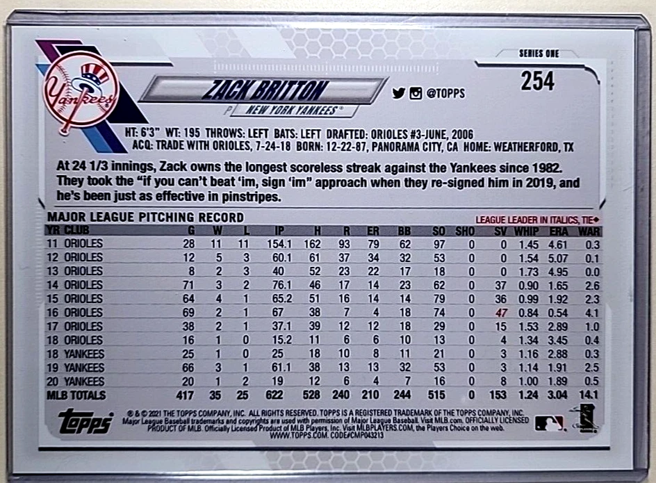 Topps 70 Gold 2021 5x7 7x5 Jumbo #254 Zack Britton/10 SSP New York Yankees Foto 2 de 2