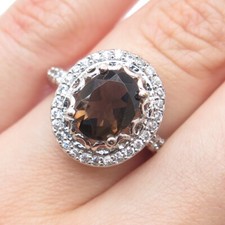925 Sterling Silver Real Oval-Cut Smoky Quartz Round-Cut C Z Ring Size 6.75