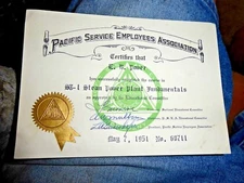 VINTAGE  PG&E MEMORABILIA PACIFIC GAS  PSEA CERTIFICATE STEAM POWER SEAL 1951