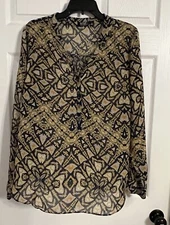 ana a new approach Women’s 1x Sheer Long And Roll Tab Sleeve Blue & Gold Blouse