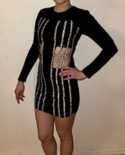 PRETTYLITTLETHING Women’s Black Unique Crystals Bodycon Cutout Dress Size 2