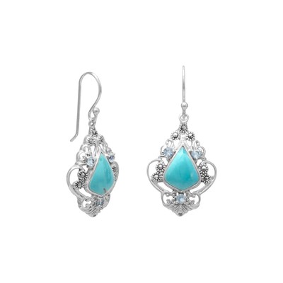 Reconstituted Turquoise, Blue Topaz and Marcasite Earrings  925 Sterling Silver