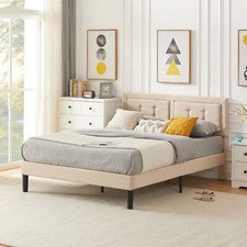 Twin Full Queen Upholstered Bed Frame Slat Platform with Adjustable Headboard