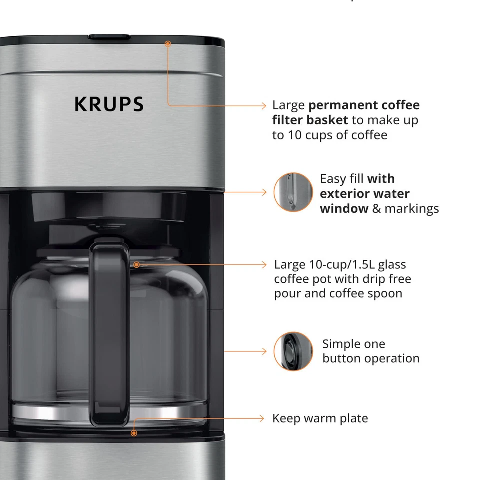KRUPS Coffee Maker 10 Cups Simply Brew Stainless Steel Drip Coffee Maker - Image 3 of 4