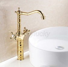 Gold Polished Brass Double Cross Handle Bathroom Sink Mixer Tap Faucet wsf094