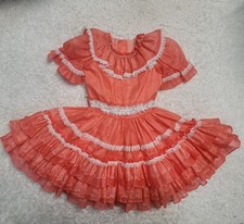 Vintage Girls Ruffle Party Dress Size 5 Orange Full Circle Lace Three Tiers Lace