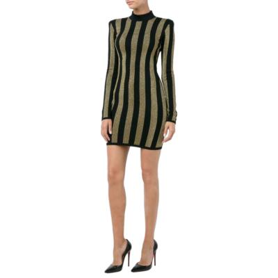 BALMAIN Wool Black Metallic Gold Long Sleeve Vertical Stripe
