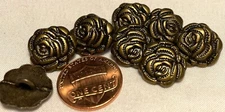 8 Antique Brass Tone Metal Shank Flower Rose Buttons Just Over 9/16" 15mm 12621