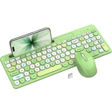 Green Colorful Wireless Keyboard and Mouse Combo - Round Keycaps, 2.4GHz Retr...