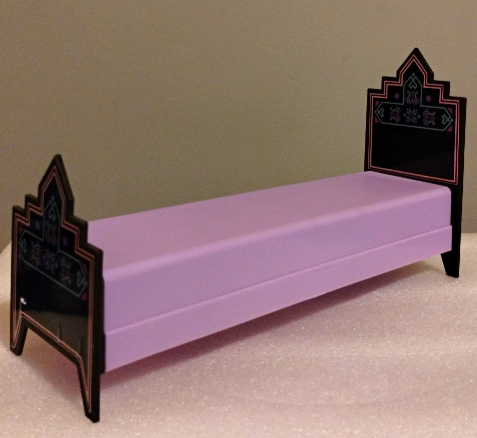1:12 Scale Wooden Dollhouse Bed, Purple & Black Headboard and Footboard