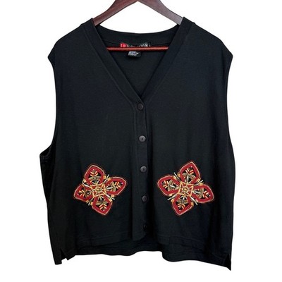 I.B. Diffusion Vest 2X Black Cotton Knit Beaded Embroidered Boho Vintage 90s