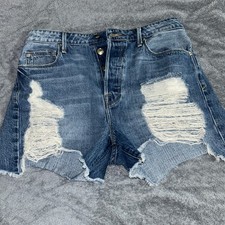 Good American Shorts Womens 8/29 Blue Distressed Denim High Rise Button Fly