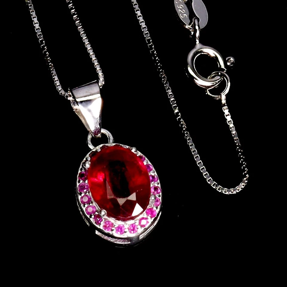 925 Sterling Silver Necklace Oval Ruby 8x6m Ruby Diamond Cut Gemstone Jewelry 18 - Image 2 of 4