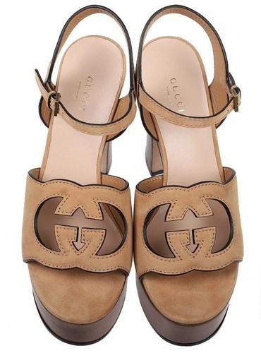 NEW GUCCI SAND LEATHER CUT OUT INTERLOCKING G LOGO SANDALS HEELS SHOES 39.5/9.5 - Picture 4 of 7