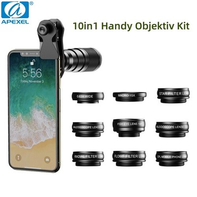 Apexel 10in1 Objektiv Fish Eye Wide Makrosternfilter Cpl Linsen für Smartphones