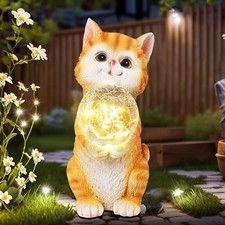 Solar Garden Cat Statues - Cat Outdoor Decor with Lights Resin Solar Garden S...