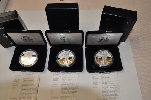 Three  1996, 1997 & 1998-W Proof American Silver Eagles $1 with OGP & COA