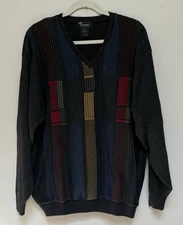 Tosani Mens Sweater V Neck Navy w Vertical Stripes Charcoal Cotton Blend Large