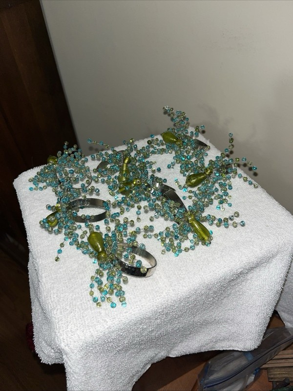 Handcrafted Napkin Rings Green and Blue Glass Beads Luxury Spider Theme 8 Pc Set