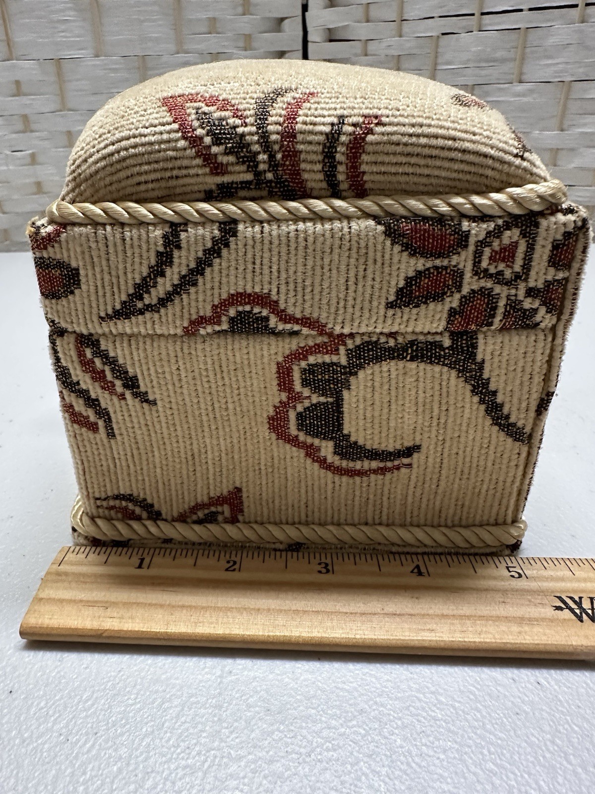 Vintage Rectangle Fabric Covered  Sewing Trinket Box Tapestry Lid and Tassel