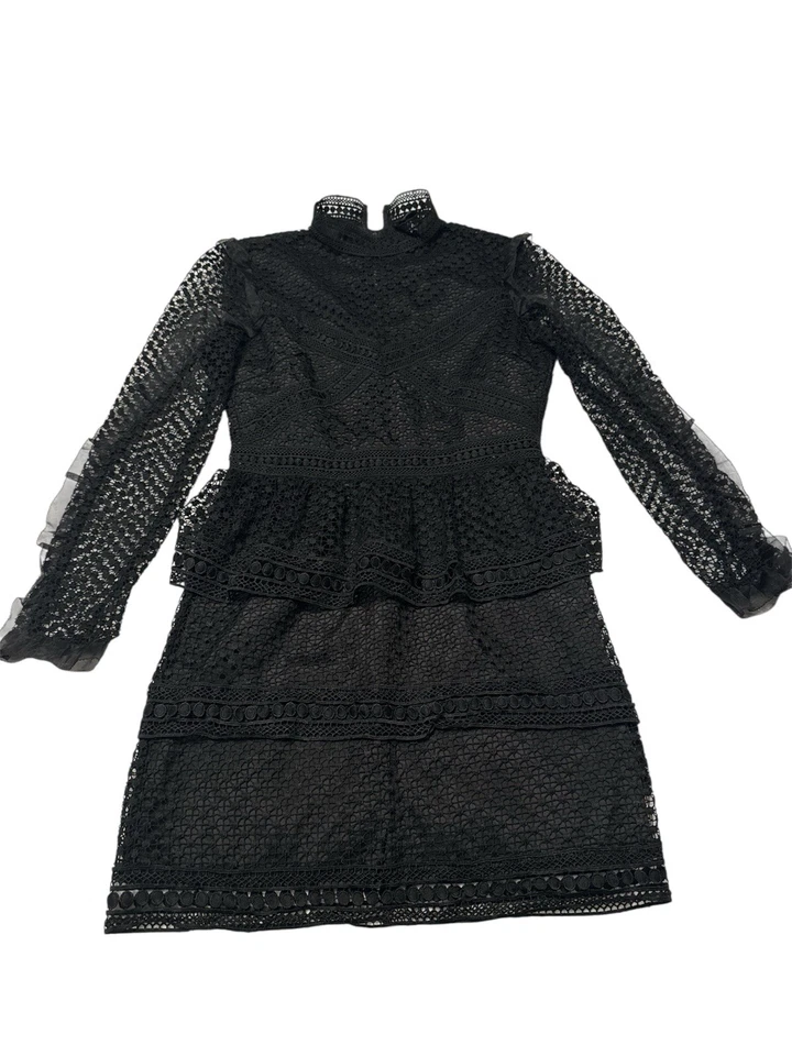 AQUA ЧЕРНЫЙ ПУНКТИРНОЙ КРУЖЕВА ЯРУСНЫЙ RUFFLED МИНИ-ПЛАТЬЕ НАСМЕШЛИВЫЙ ШЕИ ДЛИННЫМ РУКАВОМ РАЗМЕР M - Изображение 3 из 4