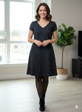 LOFT Black Tweed V-Neck Knee Length Dress Short Sleeve Size 8