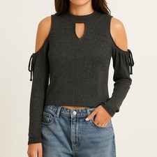 Red Haute Cold Shoulder Top MEDIUM Gray Ribbe...