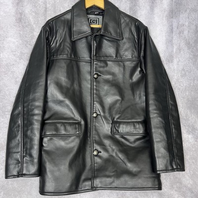 GE Mens Black Faux Leather Long Sleeve Button Up Jacket Size Approx Large
