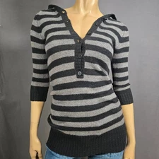 Y2K Striped Hooded Skinny Sweater Size S Emo Grunge Gray Black Long Henley