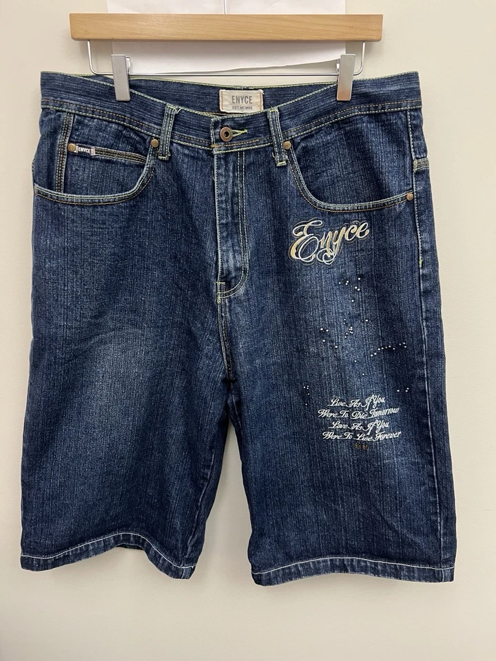 Shorts jeans vintage Enyce masculino tamanho 36 azul jeans caveira hip hop skatista Y2K - Imagem 3 de 4