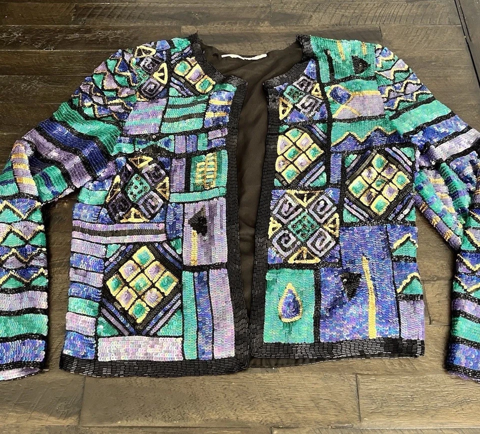  Vintage Laurence Kazar Beaded Sequin Silk Party Jacket  S/M. No inside labels  - Image 2 of 4