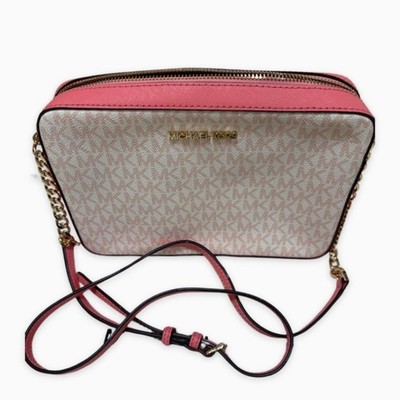 Michael Kors Jet Set Pink White Crossbody Bag Gold Chain MK Logo Japan