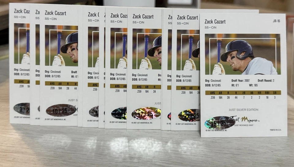 Lote de 14 -2007 Just Minors ZACK COZART #JR-16 Just Rookies Edición Plata/25 Foto 2 de 2