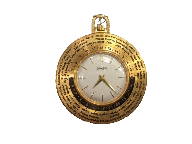 NEIMAN MARCUS WORLD TIME POCKET WATCH LUXOR, GOLD PLATED C. 1960's