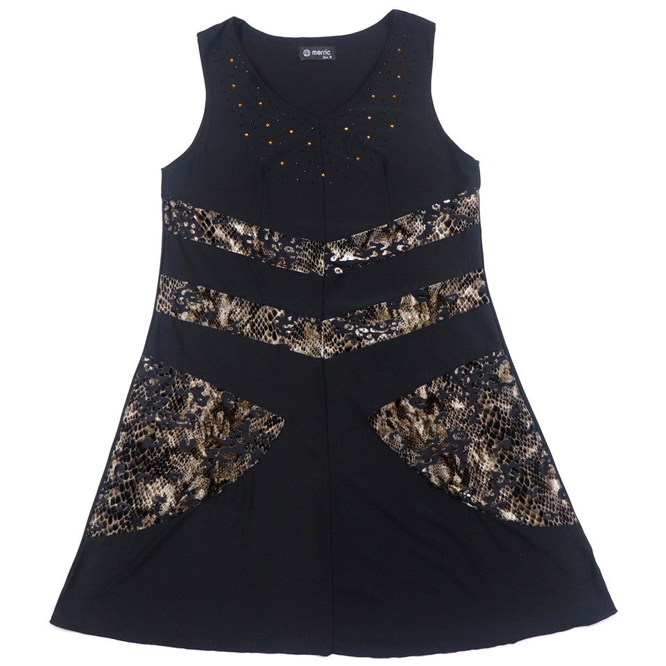 Size 8 Black Vneck Loose Fitting A-Line Dress Animal Print Paneling Sleeveless