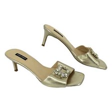 Nine West Gold Kitten Heel Leather Shoes | Classic Rhinestone Accents