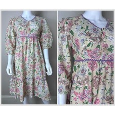 Vintage 1970s Cream and Pink Floral Midi Dress 70s Prairie Peasant Boho Cottage
