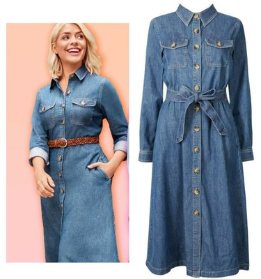 Womens Ladies M/&S Denim Shirt Dress Midi Holly Willoughby Pockets Vintage Size