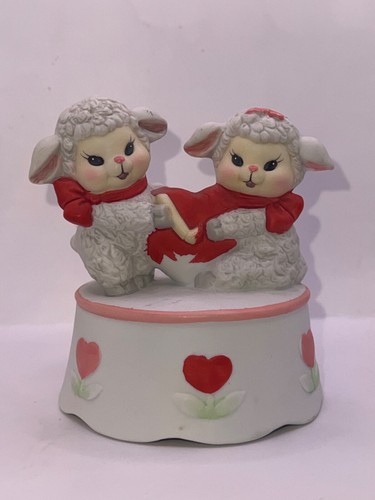 Pair of Sheep with Love Hearts Music Box plays All My Loving 4 in Tall Vintage