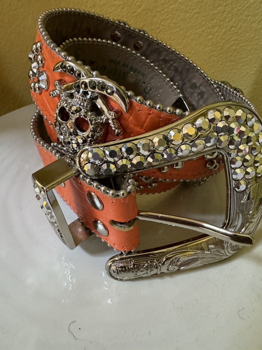 BB Simon Veronica Belt Size 36 Crystal Skulls Orange leather Box
