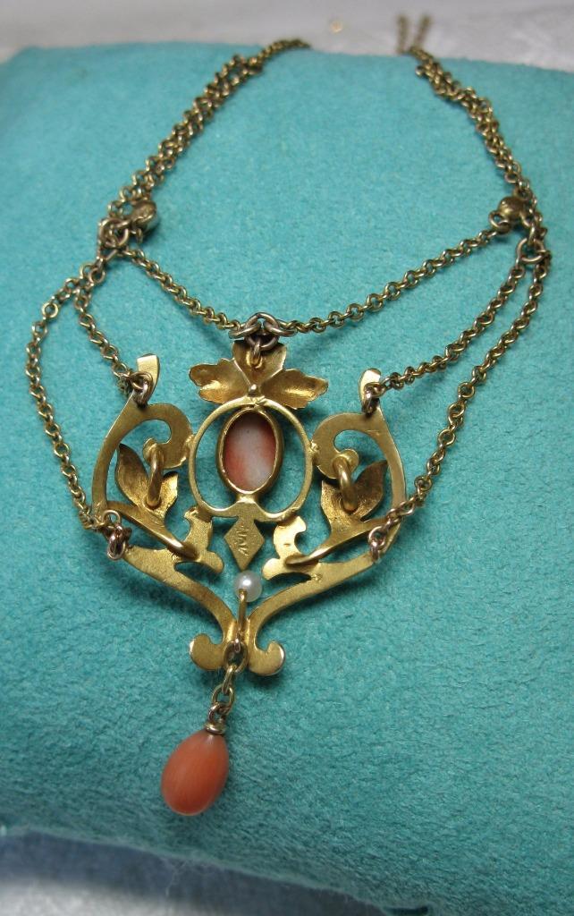 Coral Victorian Necklace Festoon Pearl 14K Gold c1880 Antique Belle