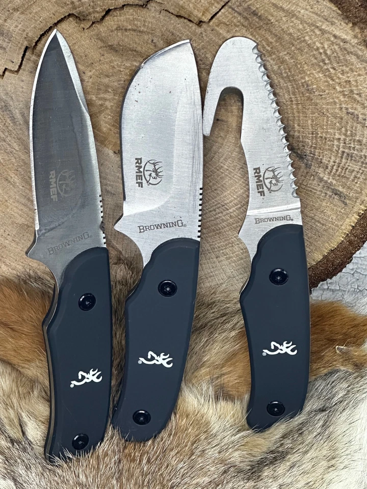 RARO Juego de cuchillos de hoja fija de caza Browning RMEF de 3 piezas con estuche 0402R Foto 3 de 4