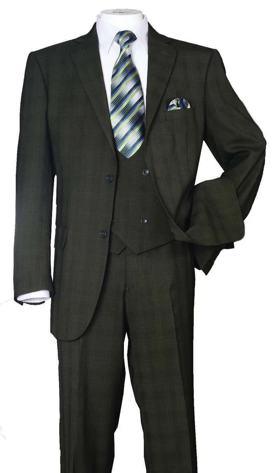 Men's Fancy Luxurious Wool Feel SUIT 3-PC w/ VEST Plaid/ChecksDesign SideVents - Image 4 of 4