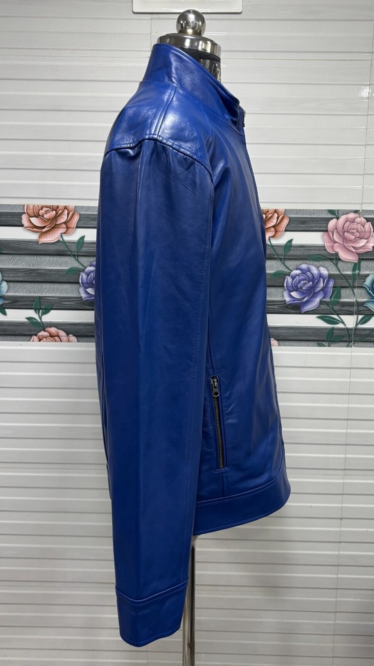 Men's Blue Lambskin Genuine Leather Biker Jacket Motorcycle Rider ...