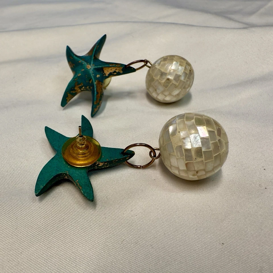 Pendientes Náuticos Estrella de Mar Turquesa Pátina y Madreperla Gotas Sirena Foto 3 de 4