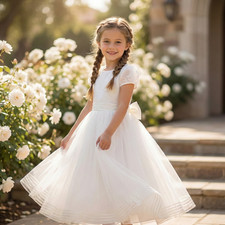 Mon Cheri Girls White First Communion / Flower Girl Dress Size 12 Beaded Tulle