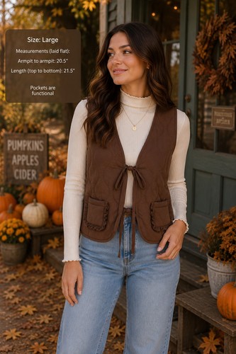 Double Zero Quilted Tie Front Vest Large Brown Ruffle Pocket Cottagecore Boho...