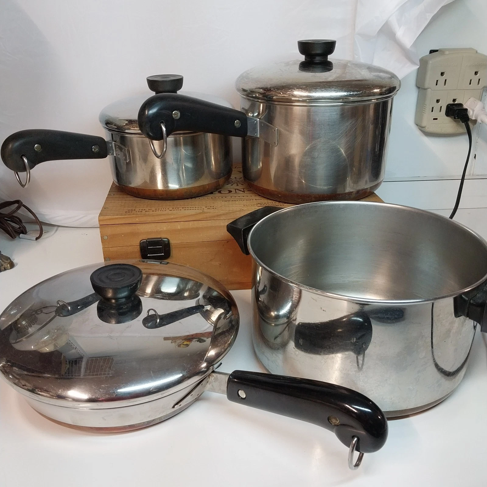 VTG Revere Ware Copper Pot 7pc Lot 4.5Qt Stock, Saucepans Skillet