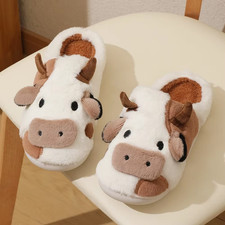 New Winter Unisex Cartoon Cow Warm Plush Slippers Couple'S Indoor