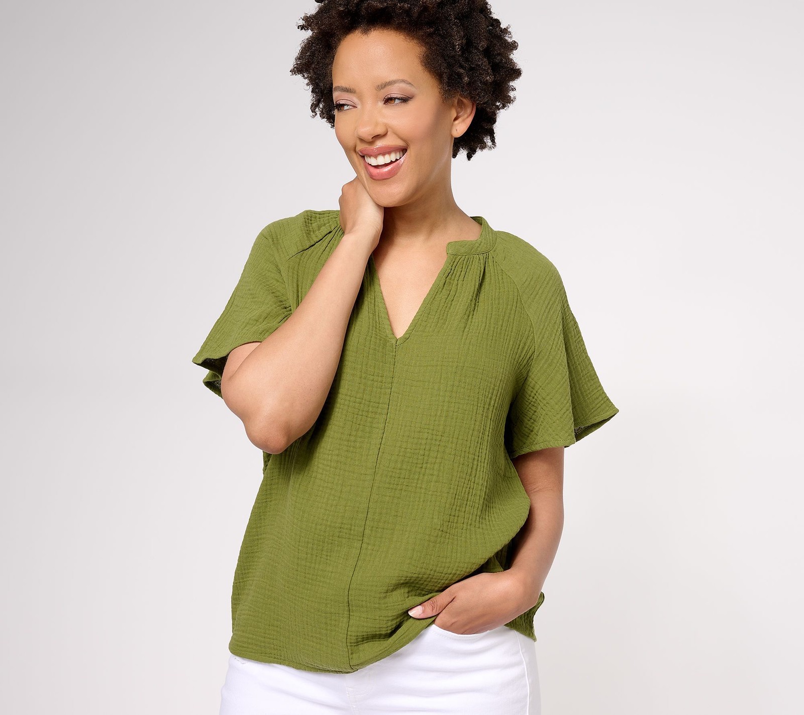 Candace Cameron Bure Women's Top Sz XS Cotton Gauze Flutter Sleeve Green A605359